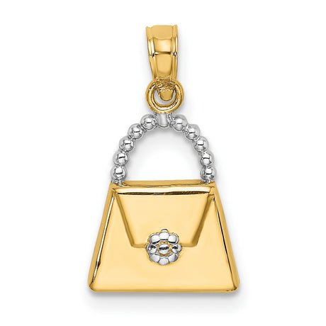 14k Multi-Tone Gold Handbag Pendant Charm with Beaded Handle and Floral Clasp