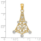 14k Yellow Gold Christmas Tree Pendant with Rhodium Filigree and Diamond Cut Accents