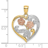 14k Two-Tone Gold Heart Pendant with Rose Gold Floral Accents and Filigree Detailing