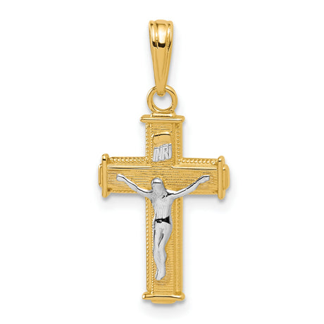 14k Two-Tone Gold Crucifix Pendant with INRI Latin Cross Design and Textured Detail