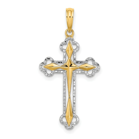 14k Yellow and White Gold Cross Pendant, Two-Tone Beaded Design, High Polish Finish