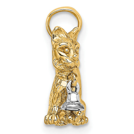 3-D Cat Dangling Bell Charm Pendant in Real 14k Multi-Tone Gold