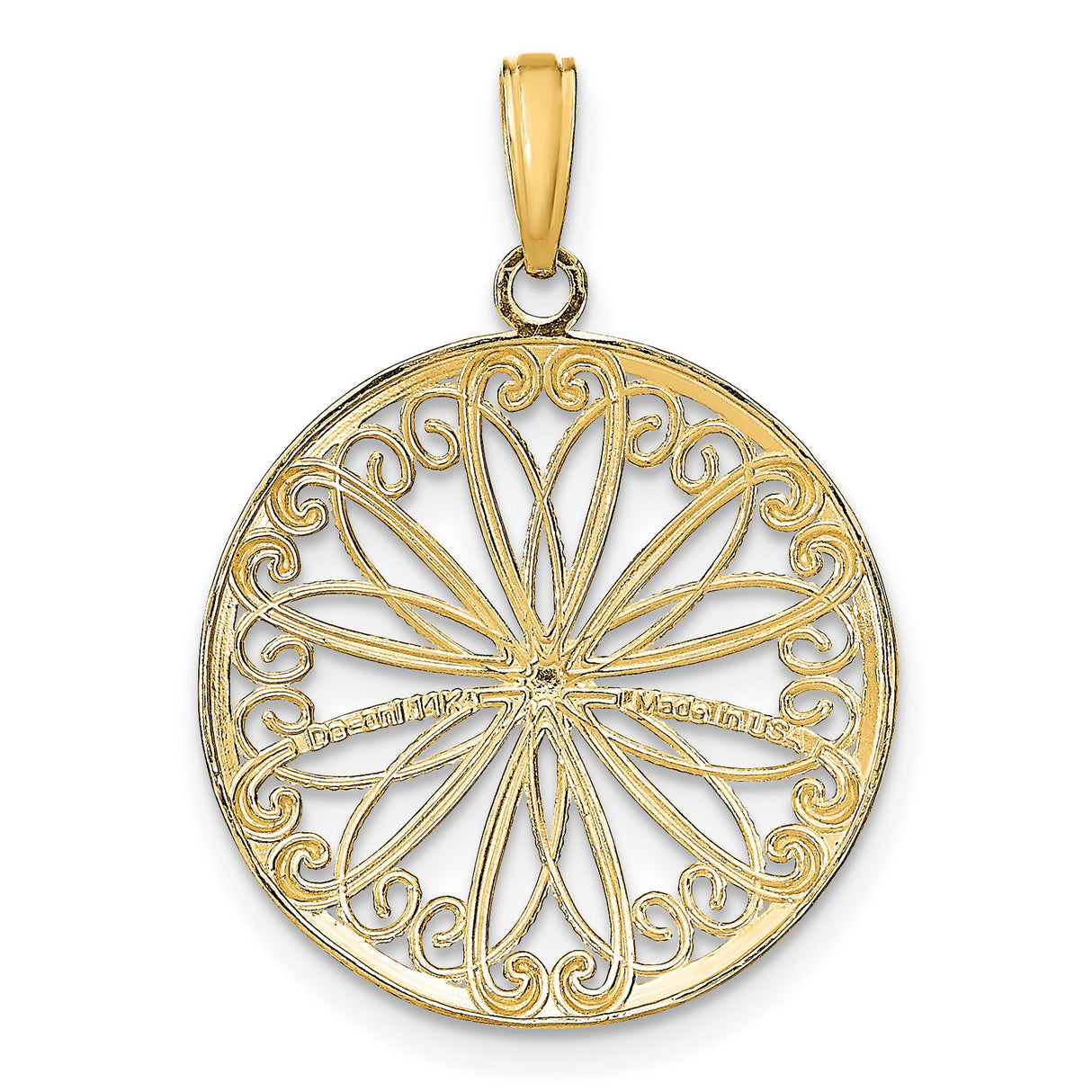 14k Multi-Tone Gold Round Filigree Pendant with Floral Scroll Design, Christian Medallion