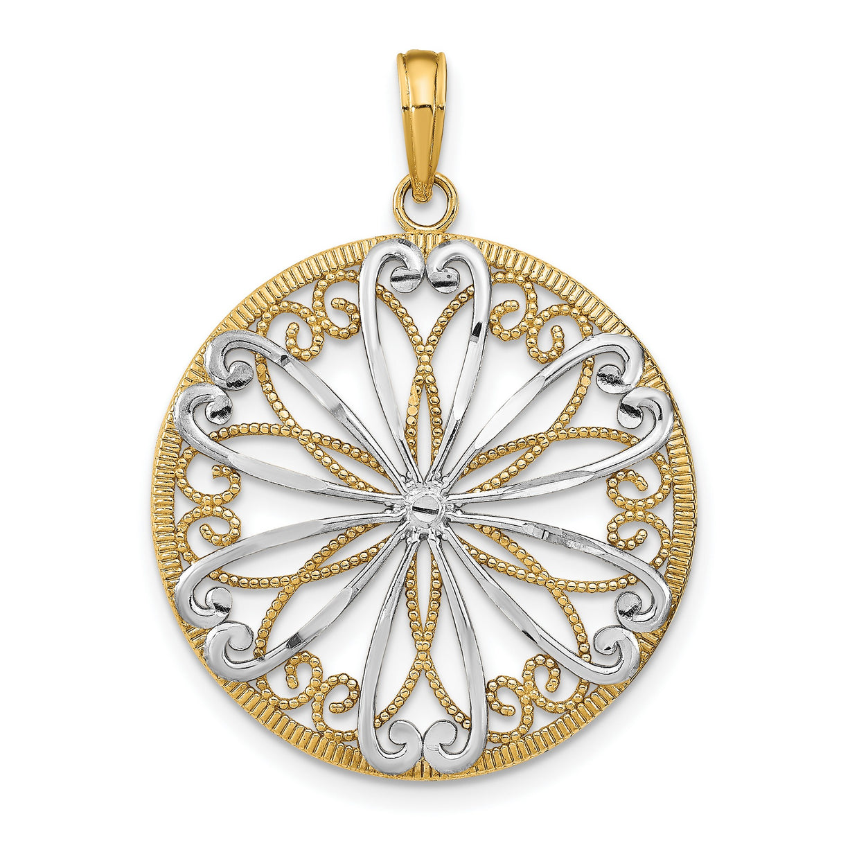14k Multi-Tone Gold Round Filigree Pendant with Floral Scroll Design, Christian Medallion