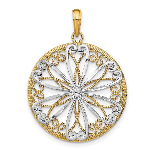 14k Multi-Tone Gold Round Filigree Pendant with Floral Scroll Design, Christian Medallion