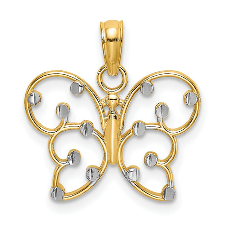 14k Multi-Tone Gold Butterfly Pendant, Open Filigree Design with Polished Accents