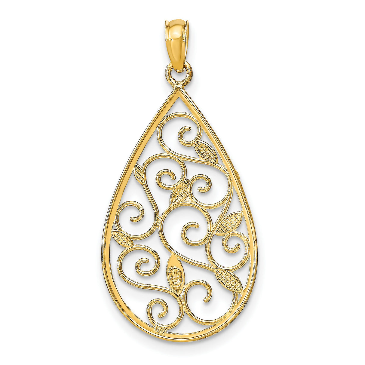 14k Multi-Tone Gold Teardrop Pendant with Filigree Scrollwork, Leaf and Floral Design for Women