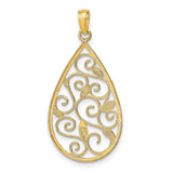 14k Multi-Tone Gold Teardrop Pendant with Filigree Scrollwork, Leaf and Floral Design for Women