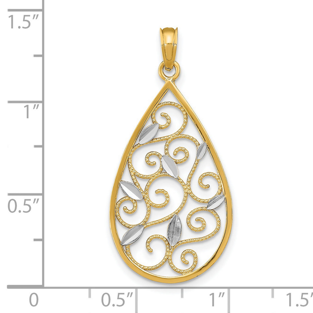 14k Multi-Tone Gold Teardrop Pendant with Filigree Scrollwork, Leaf and Floral Design for Women