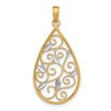 14k Multi-Tone Gold Teardrop Pendant with Filigree Scrollwork, Leaf and Floral Design for Women