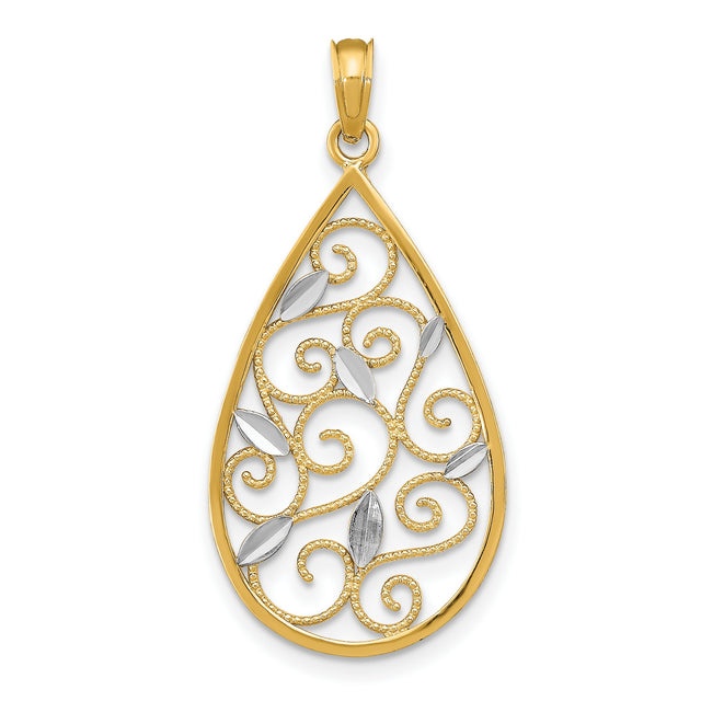 14k Multi-Tone Gold Teardrop Pendant with Filigree Scrollwork, Leaf and Floral Design for Women