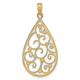14k Multi-Tone Gold Teardrop Pendant with Rhodium Accents and Scroll Filigree Design