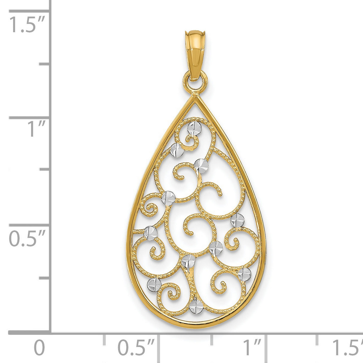 14k Multi-Tone Gold Teardrop Pendant with Rhodium Accents and Scroll Filigree Design