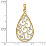 14k Multi-Tone Gold Teardrop Pendant with Rhodium Accents and Scroll Filigree Design
