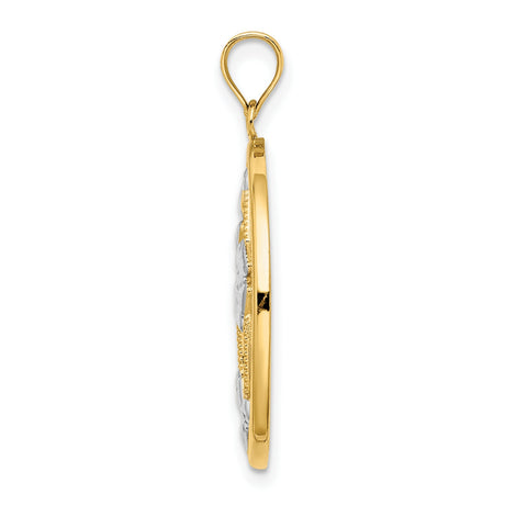 14k Multi-Tone Gold Openwork Floral Pendant with Beaded Frame and Silver Tone Flower Accents