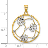 14k Multi-Tone Gold Openwork Floral Pendant with Beaded Frame and Silver Tone Flower Accents