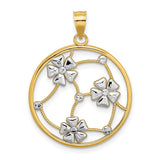 14k Multi-Tone Gold Openwork Floral Pendant with Beaded Frame and Silver Tone Flower Accents