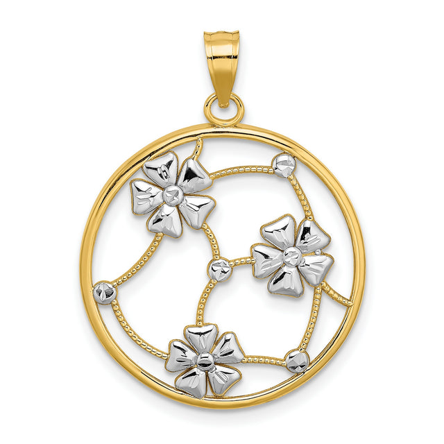 14k Multi-Tone Gold Openwork Floral Pendant with Beaded Frame and Silver Tone Flower Accents