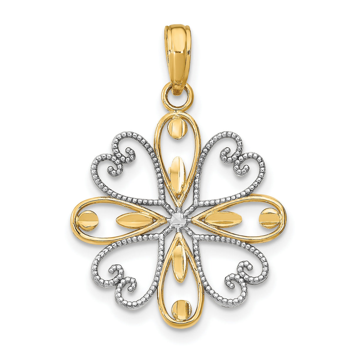 14k Multi-Tone Gold Filigree Flower Pendant with Openwork Heart and Teardrop Motif
