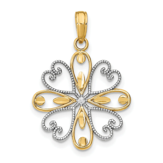 14k Multi-Tone Gold Filigree Flower Pendant with Openwork Heart and Teardrop Motif