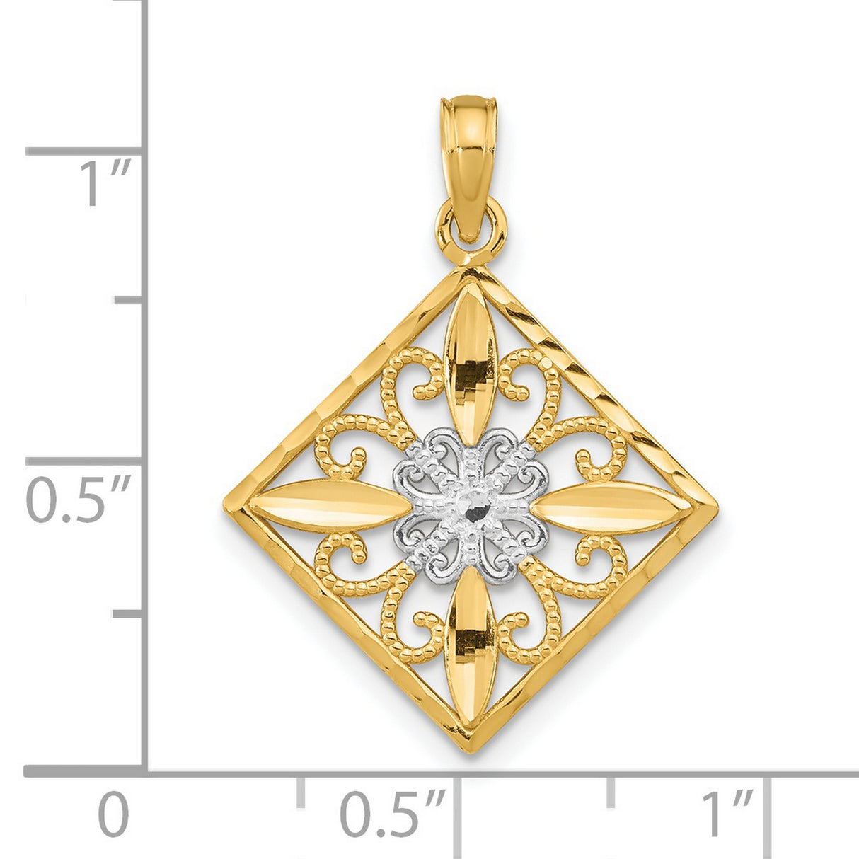 14k Multi-Tone Gold Diamond-Shaped Filigree Pendant with Rhodium Accent and Floral Scrollwork