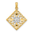 14k Multi-Tone Gold Diamond-Shaped Filigree Pendant with Rhodium Accent and Floral Scrollwork