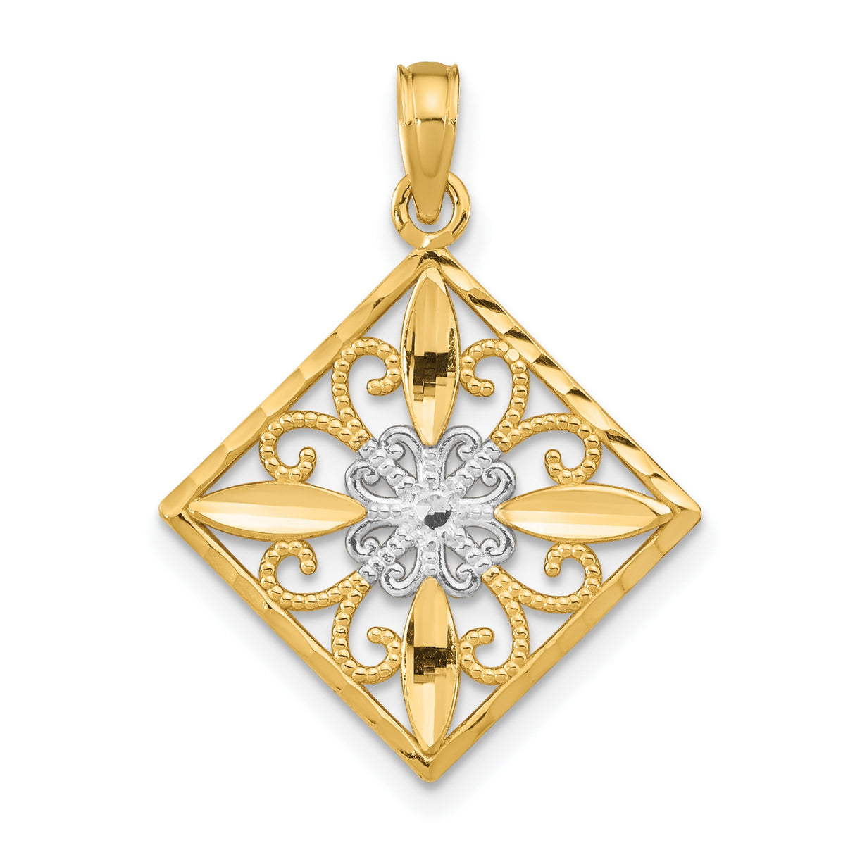 14k Multi-Tone Gold Diamond-Shaped Filigree Pendant with Rhodium Accent and Floral Scrollwork