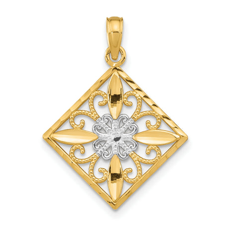 14k Multi-Tone Gold Diamond-Shaped Filigree Pendant with Rhodium Accent and Floral Scrollwork