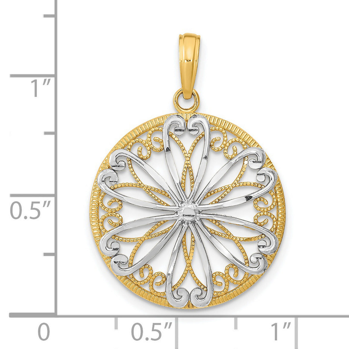 14k Multi-Tone Gold Filigree Floral Pendant, Round Openwork Flower Design, Vintage Inspired Jewelry