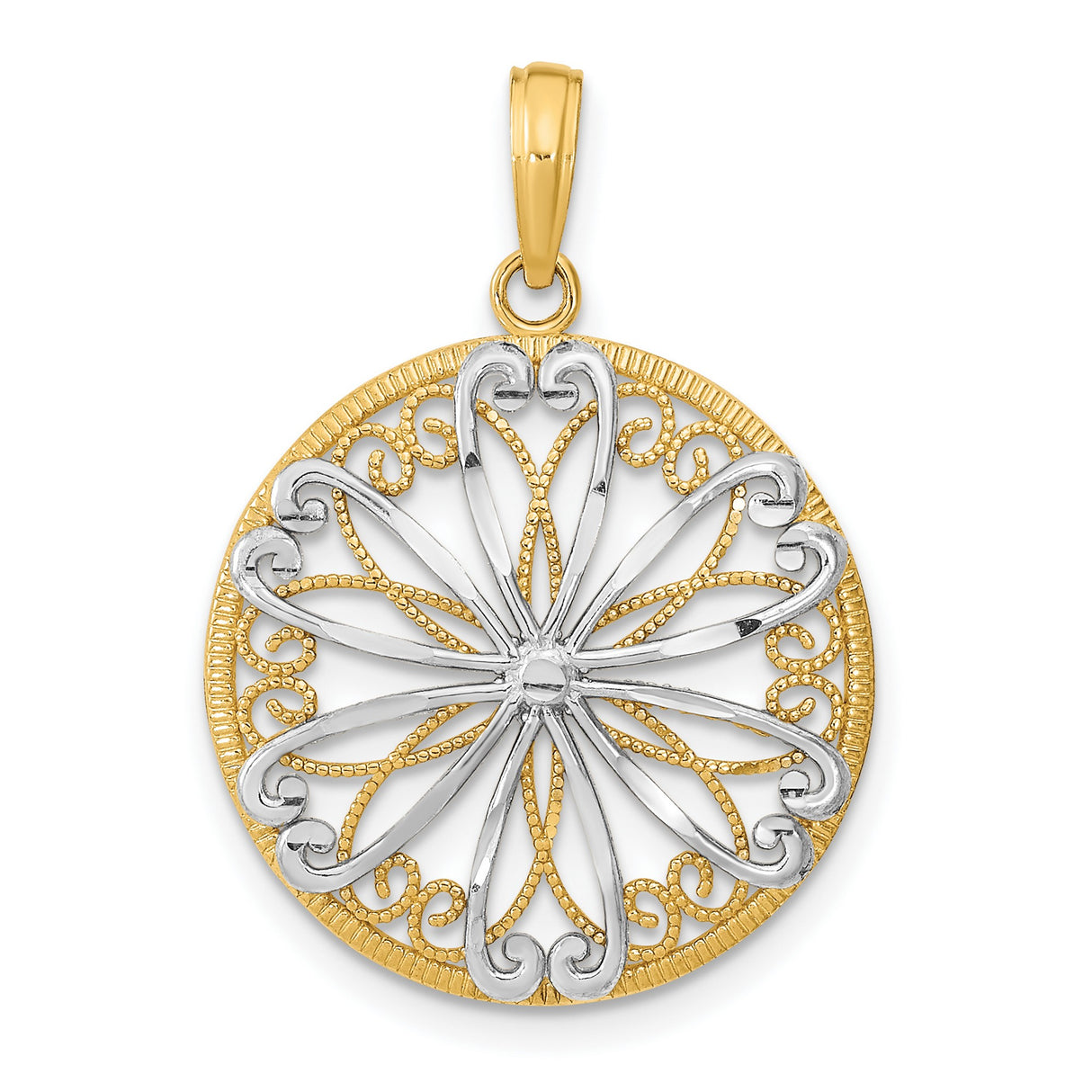 14k Multi-Tone Gold Filigree Floral Pendant, Round Openwork Flower Design, Vintage Inspired Jewelry