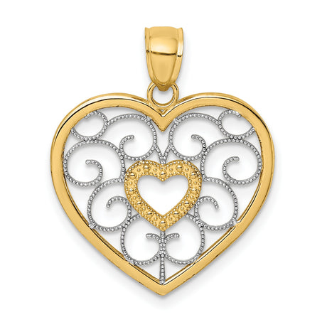 14k Two-Tone Gold Heart Pendant with Rhodium Accent and Scroll Filigree Design for Women