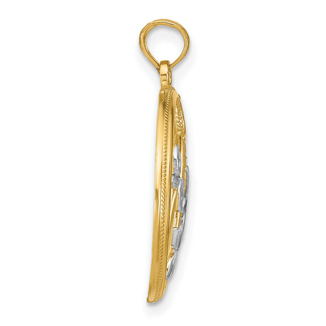 14k Multi-Tone Gold Round Pendant with Tree of Life Openwork and White Gold Leaf Accents