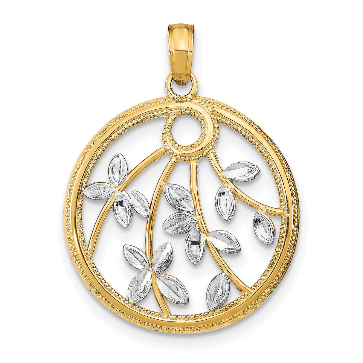 14k Multi-Tone Gold Round Pendant with Tree of Life Openwork and White Gold Leaf Accents