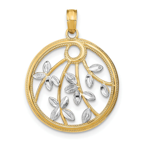 14k Multi-Tone Gold Round Pendant with Tree of Life Openwork and White Gold Leaf Accents
