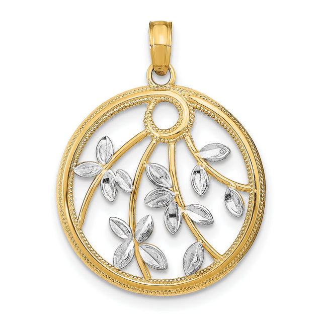 14k Multi-Tone Gold Round Pendant with Tree of Life Openwork and White Gold Leaf Accents