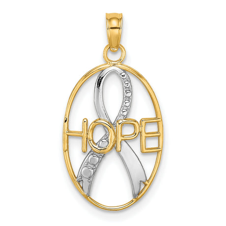 14k Yellow Gold and Rhodium Hope Ribbon Pendant, Two-Tone Cancer Awareness Charm for Women or Unisex