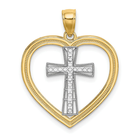 14k Two-Tone Gold Heart Cross Pendant, Open Heart with Christian Symbol, Religious Jewelry for Women