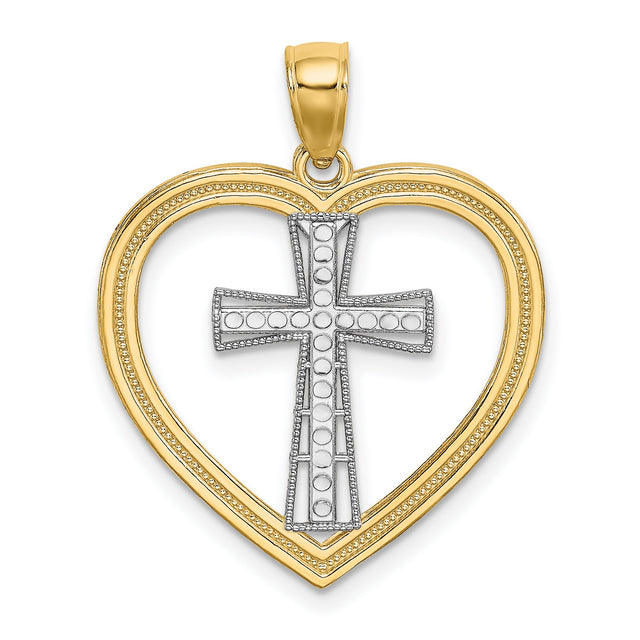 14k Two-Tone Gold Heart Cross Pendant, Open Heart with Christian Symbol, Religious Jewelry for Women
