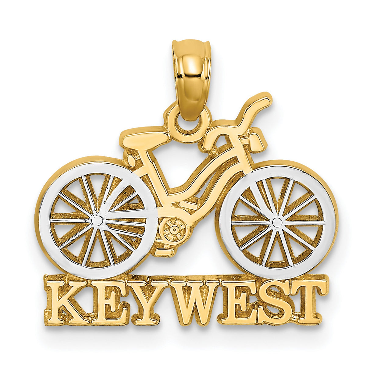 Key West Words Under Bicycle Shaped Charm Pendant in Real 14k Multi-Tone Gold