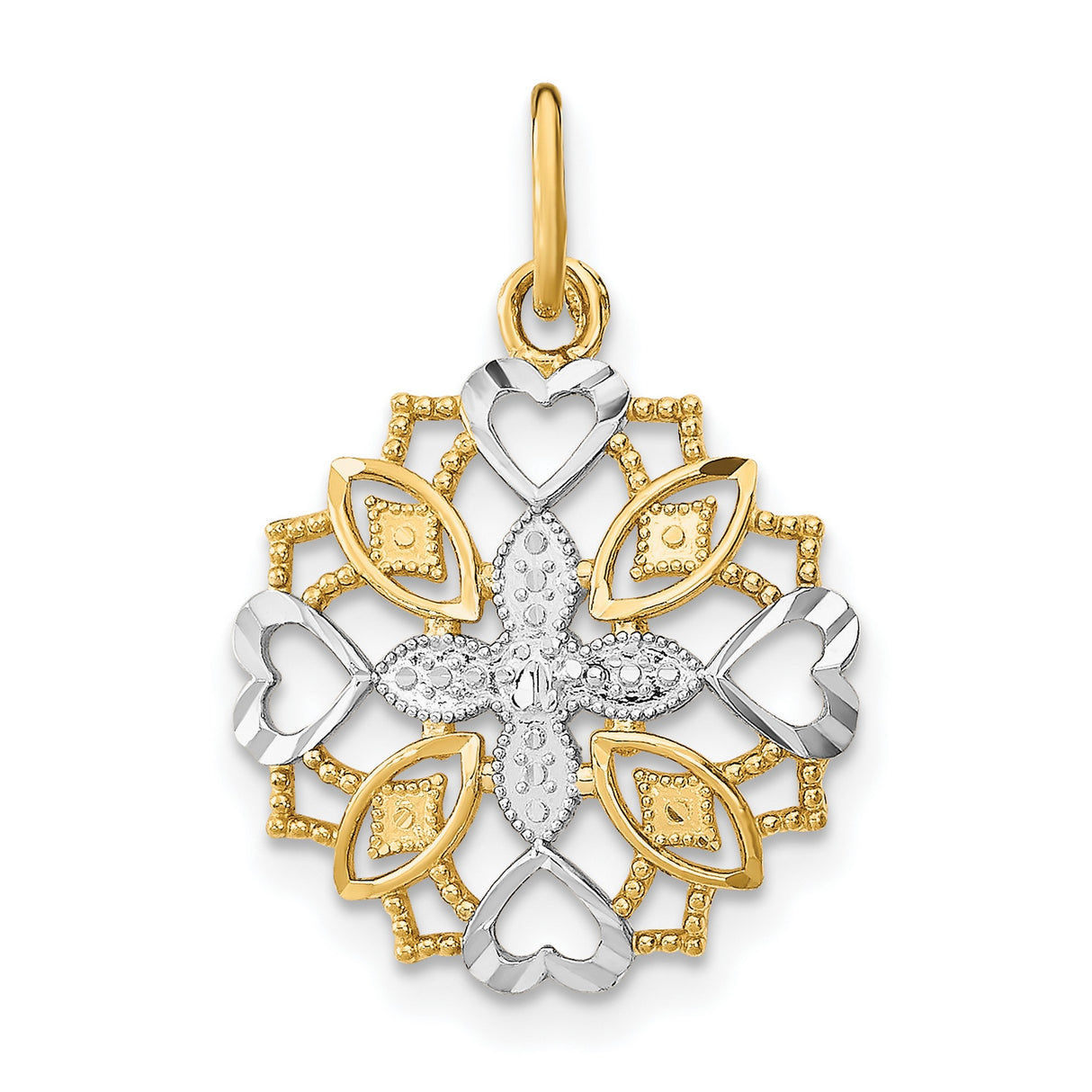 14k Two-Tone Gold Pendant with Filigree Cross and Open Heart Design