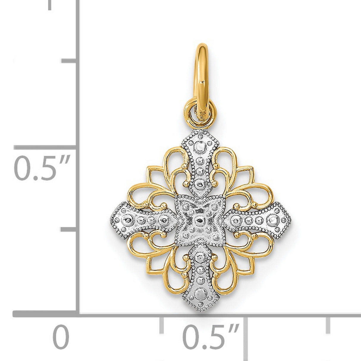 14k Yellow Gold and Rhodium Plated Filigree Cross Pendant with Scrollwork and Milgrain Detailing