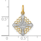 14k Yellow Gold and Rhodium Plated Filigree Cross Pendant with Scrollwork and Milgrain Detailing