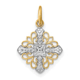 14k Yellow Gold and Rhodium Plated Filigree Cross Pendant with Scrollwork and Milgrain Detailing