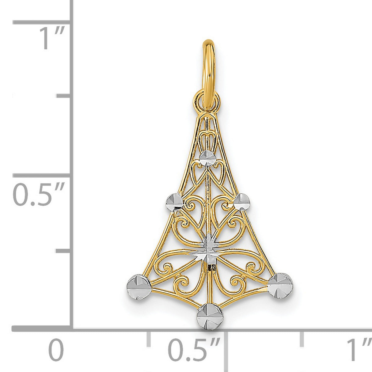 14k Two-Tone Gold Cross Pendant with Rhodium Accents, Filigree Scrollwork, Diamond Cut Details