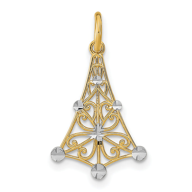 14k Two-Tone Gold Cross Pendant with Rhodium Accents, Filigree Scrollwork, Diamond Cut Details