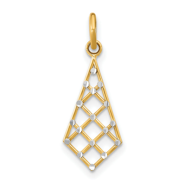 14k Multi-Tone Gold Pendant with Rhodium Tips, Open Lattice Diamond Shape, Geometric Design