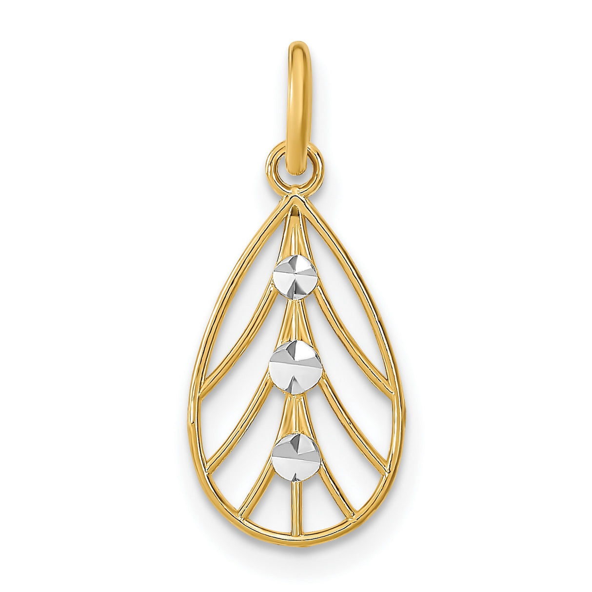 14k Multi-Tone Gold Teardrop Pendant with Rhodium Detail and Filigree Design for Women
