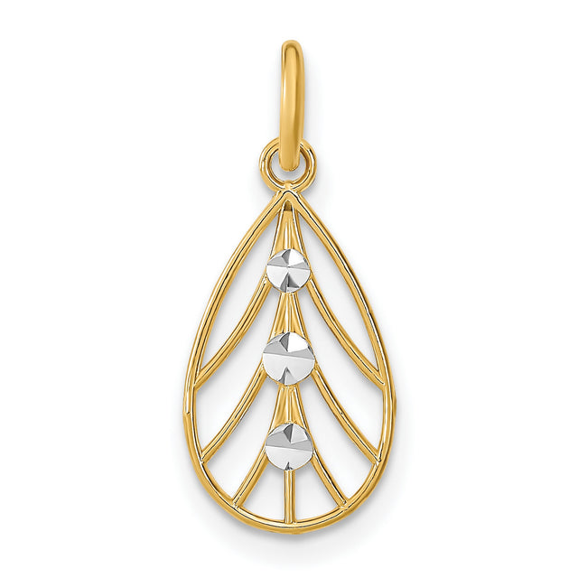14k Multi-Tone Gold Teardrop Pendant with Rhodium Detail and Filigree Design for Women