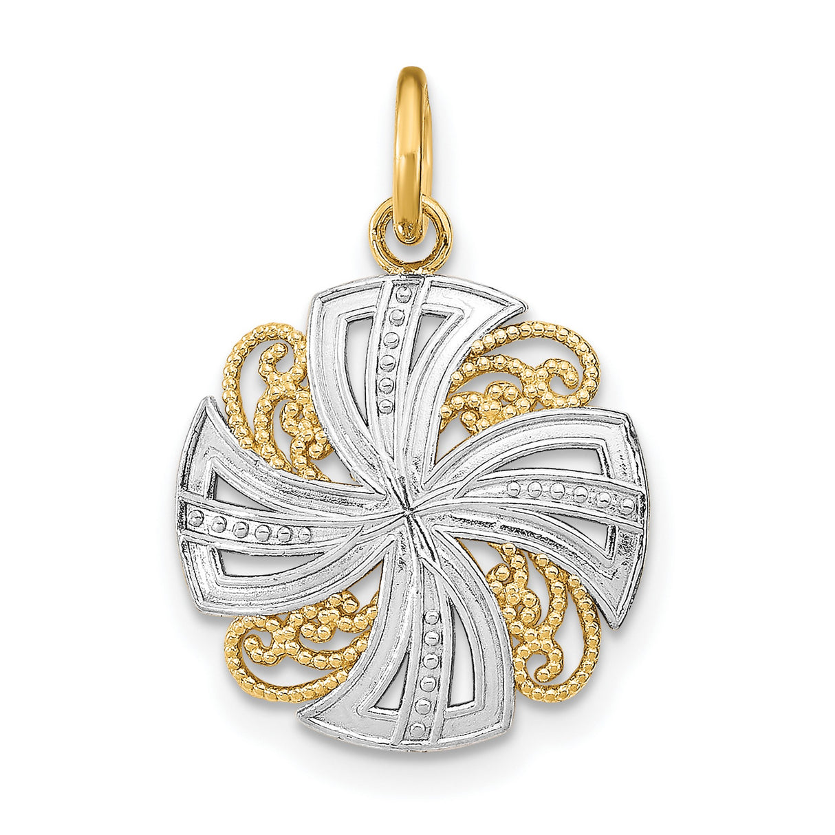 14k Multi-Tone Gold Cross Pendant, Filigree Christian Medallion with Rhodium Accents