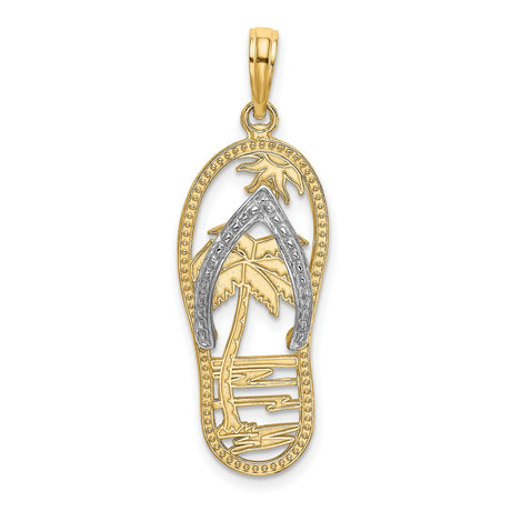 14k Two-Tone Gold Sandal Pendant with Ocean Waves and Palm Trees, Unisex Beach Charm